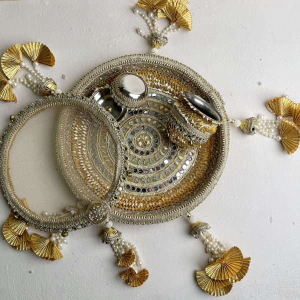 Classic Golden Gota Patti & Mirror Work Karwa Chauth Thali Set
