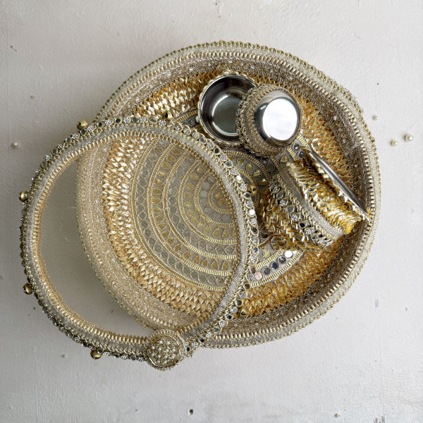 Classic Golden Gota Patti & Mirror Work Karwa Chauth Thali Set