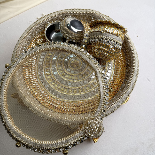 Classic Golden Gota Patti & Mirror Work Karwa Chauth Thali Set