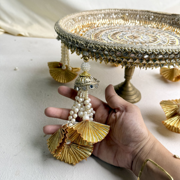 Classic Golden Gota Patti & Mirror Work Karwa Chauth Thali Set