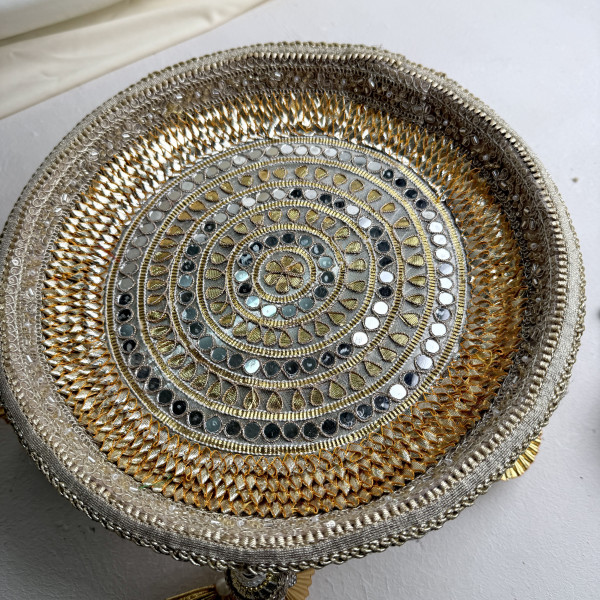 Classic Golden Gota Patti & Mirror Work Karwa Chauth Thali Set