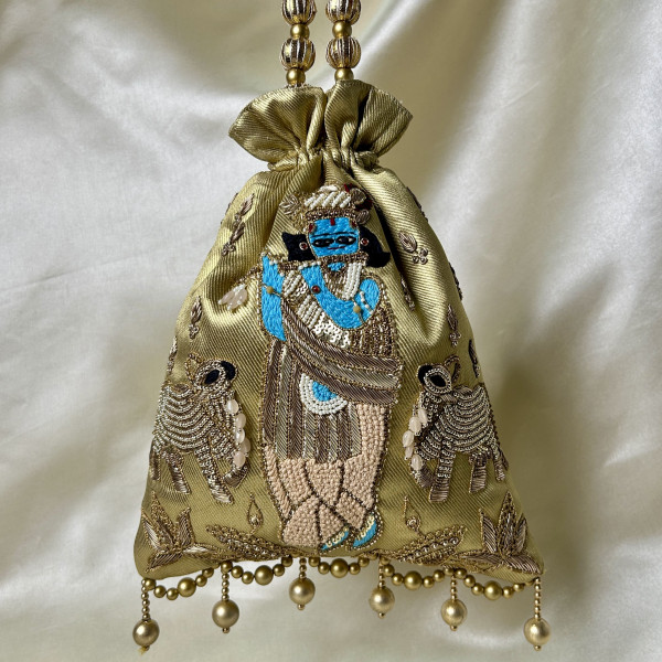 Golden Tissue Hand-Embroidered Krishna Cow Potli Bag – Zardozi & Sequin Festive Wedding Potli