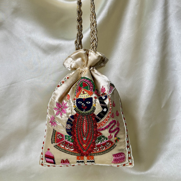 Light Beige Satin Silk Hand-Embroidered Shreenathji (SRINATH / SHREENATH / SHRINATH) Potli Bag
