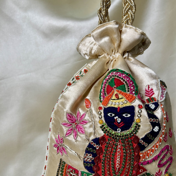 Light Beige Satin Silk Hand-Embroidered Shreenathji (SRINATH / SHREENATH / SHRINATH) Potli Bag