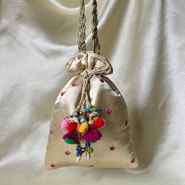 Light Beige Satin Silk Hand-Embroidered Shreenathji (SRINATH / SHREENATH / SHRINATH) Potli Bag