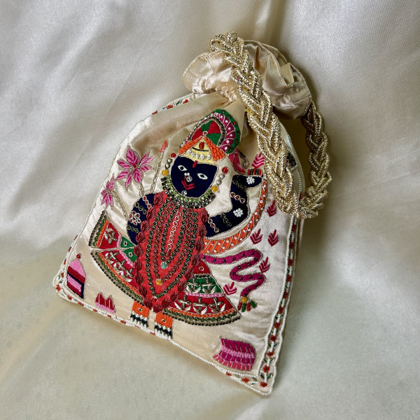 Light Beige Satin Silk Hand-Embroidered Shreenathji (SRINATH / SHREENATH / SHRINATH) Potli Bag