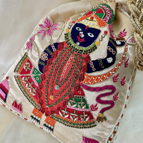 Light Beige Satin Silk Hand-Embroidered Shreenathji (SRINATH / SHREENATH / SHRINATH) Potli Bag