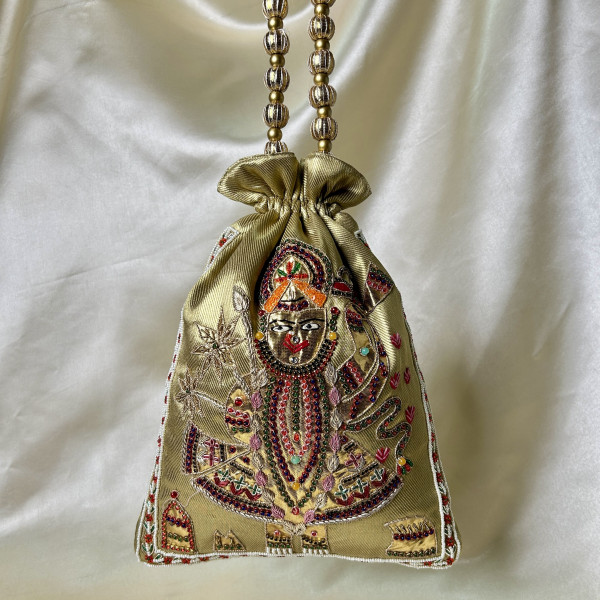 Golden Tissue Hand-Embroidered Srinathji (SRINATH / SHREENATH / SHRINATH) Zardozi Pearl Festive Potli Bag