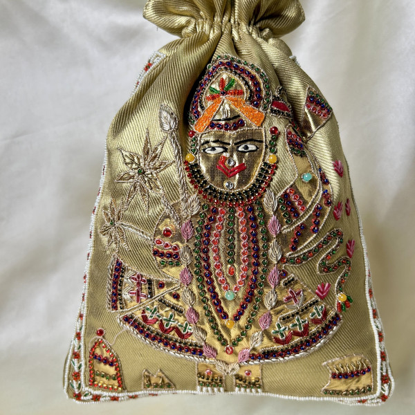 Golden Tissue Hand-Embroidered Srinathji (SRINATH / SHREENATH / SHRINATH) Zardozi Pearl Festive Potli Bag