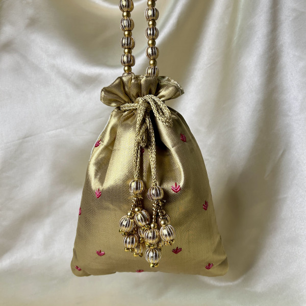 Golden Tissue Hand-Embroidered Srinathji (SRINATH / SHREENATH / SHRINATH) Zardozi Pearl Festive Potli Bag