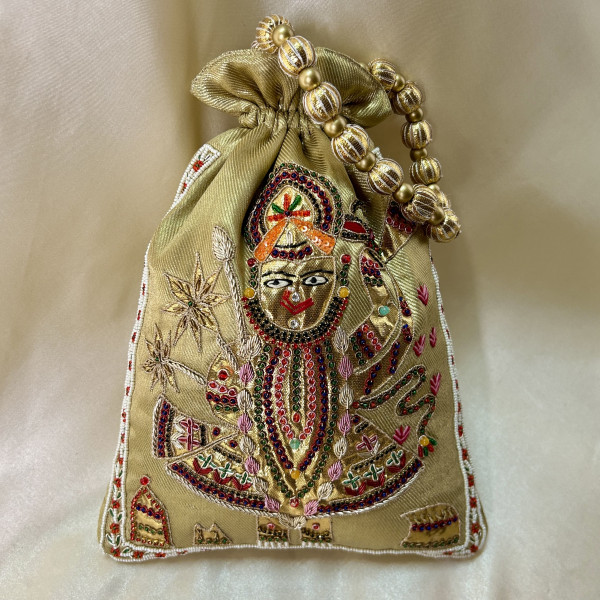Golden Tissue Hand-Embroidered Srinathji (SRINATH / SHREENATH / SHRINATH) Zardozi Pearl Festive Potli Bag