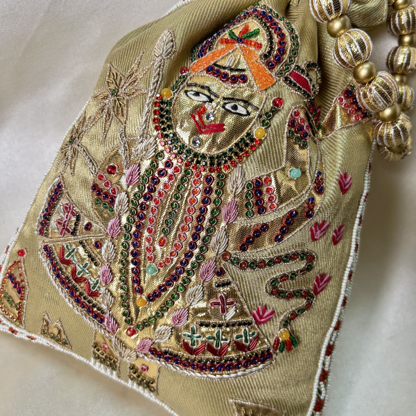 Golden Tissue Hand-Embroidered Srinathji (SRINATH / SHREENATH / SHRINATH) Zardozi Pearl Festive Potli Bag