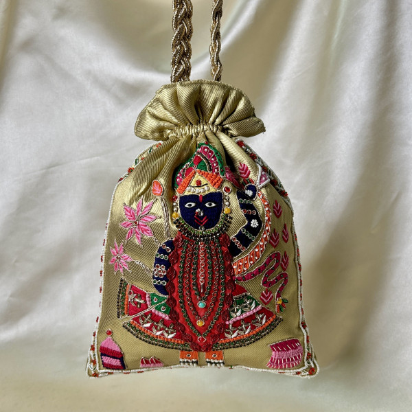 Golden Tissue Hand-Embroidered Shreenathji Zardozi Pearl Festive Potli Bag