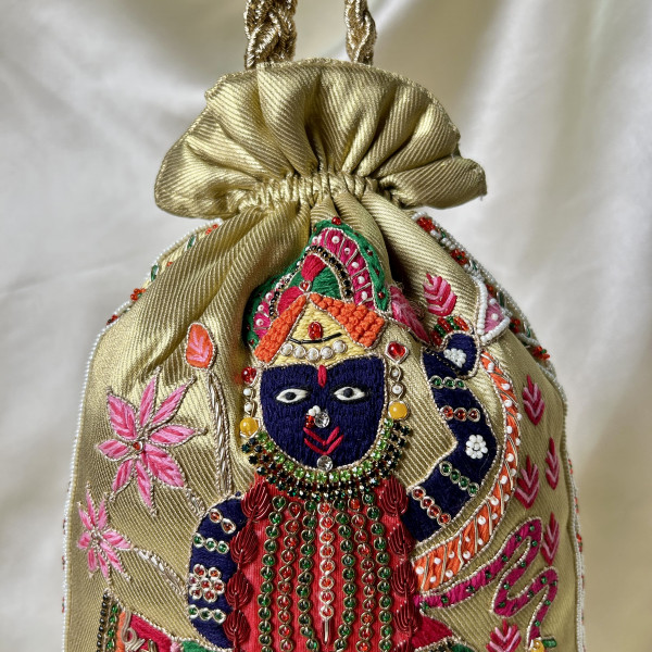 Golden Tissue Hand-Embroidered Shreenathji Zardozi Pearl Festive Potli Bag