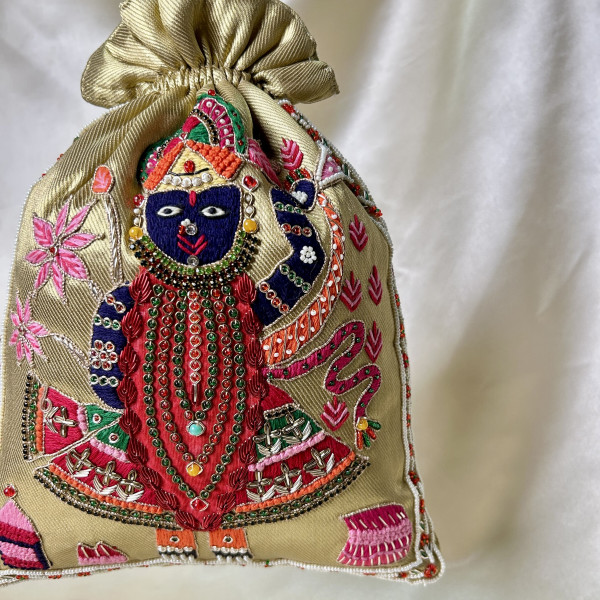 Golden Tissue Hand-Embroidered Shreenathji Zardozi Pearl Festive Potli Bag