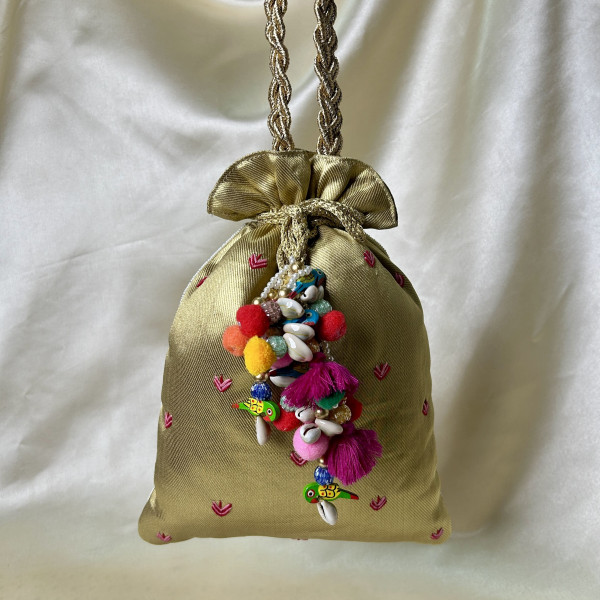 Golden Tissue Hand-Embroidered Shreenathji Zardozi Pearl Festive Potli Bag