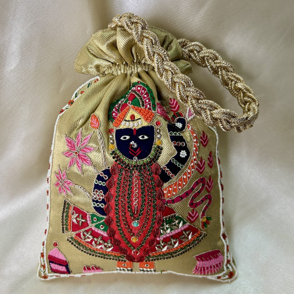 Golden Tissue Hand-Embroidered Shreenathji Zardozi Pearl Festive Potli Bag