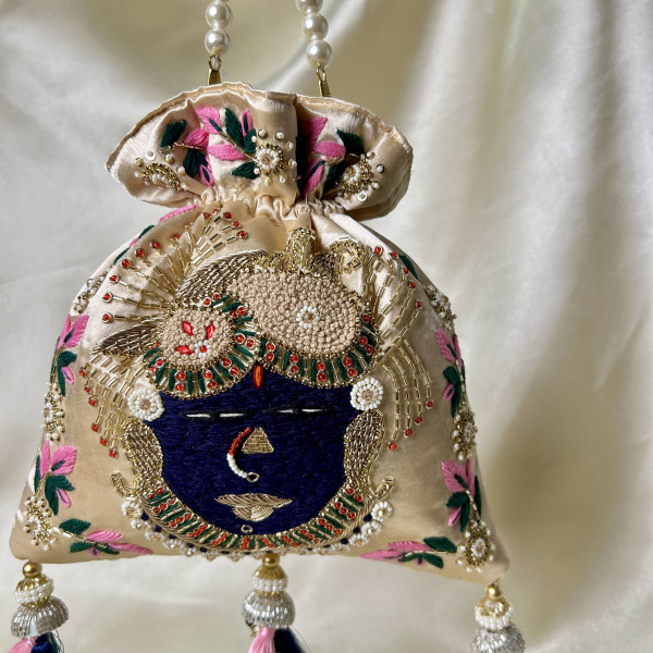 Light Beige Satin Silk Hand-Embroidered Srinathji Face Potli Bag (SRINATH / SHREENATH / SHRINATH) – Festive Potli