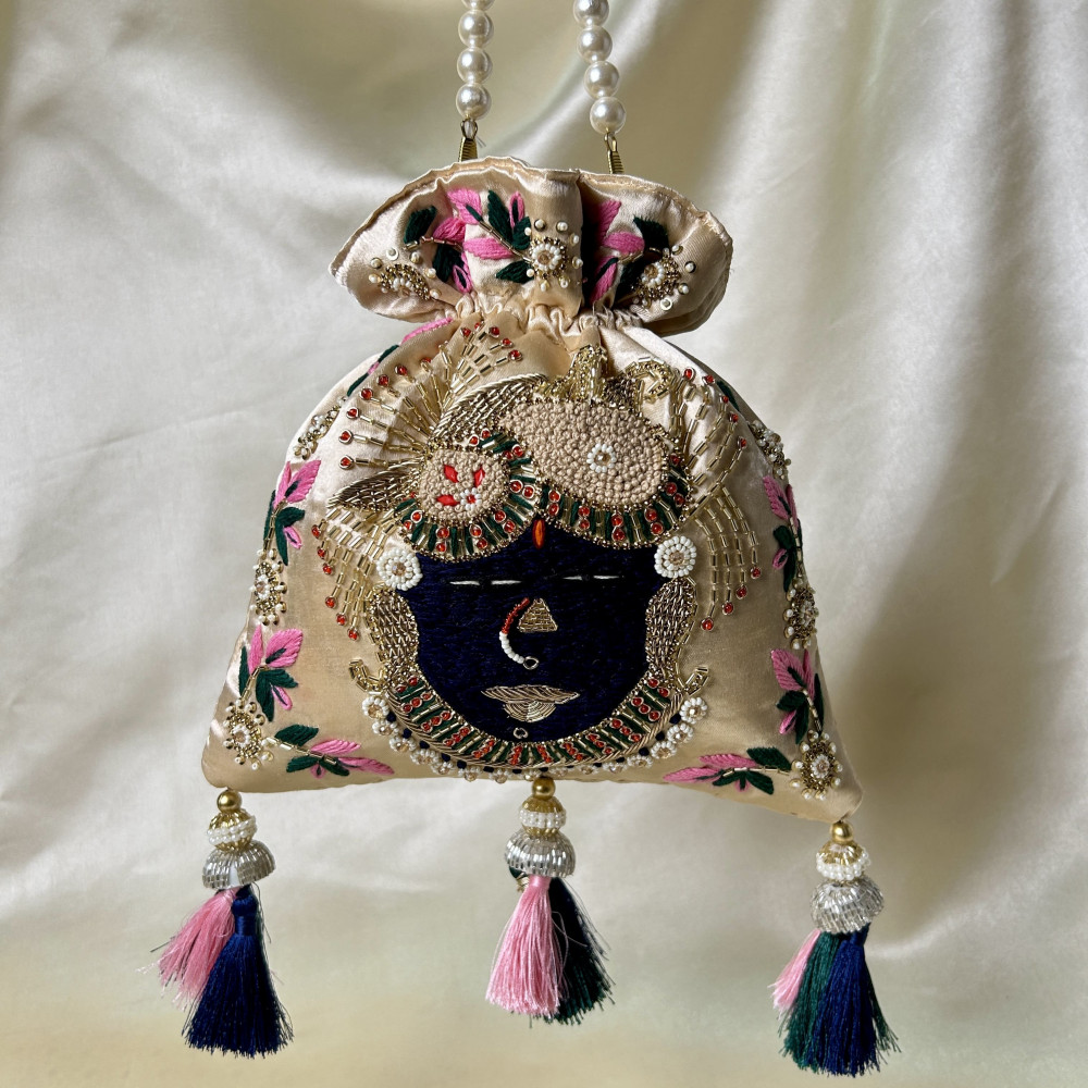 Image of Light Beige Satin Silk Hand-Embroidered Srinathji Face Potli Bag (SRINATH / SHREENATH / SHRINATH) – Festive Potli