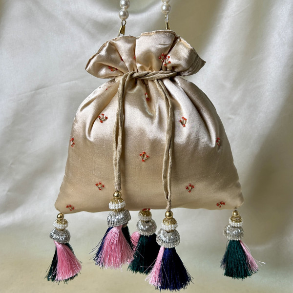 Light Beige Satin Silk Hand-Embroidered Srinathji Face Potli Bag (SRINATH / SHREENATH / SHRINATH) – Festive Potli