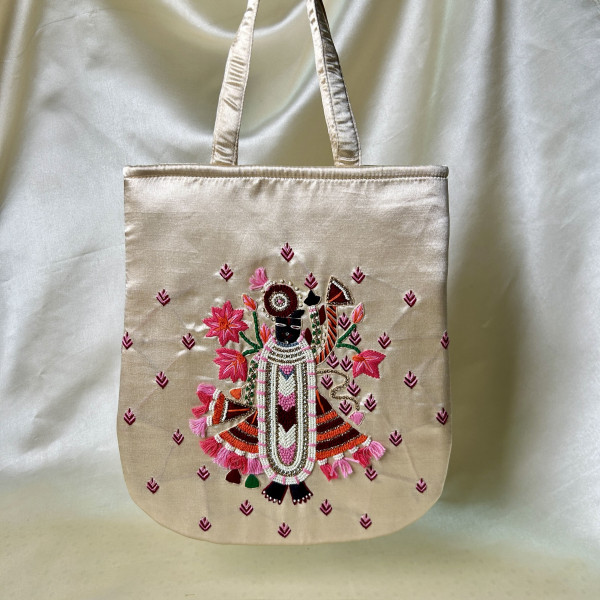 Shreenath Ji Hand Embroidered Light Beige Handbag