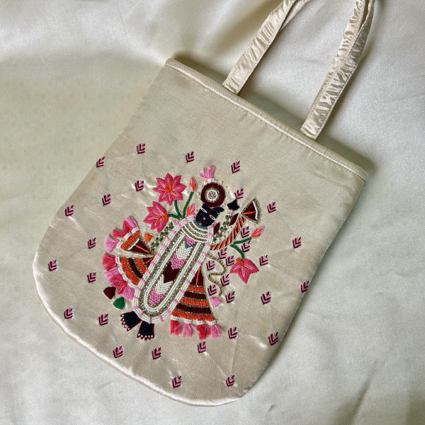 Shreenath Ji Hand Embroidered Light Beige Handbag