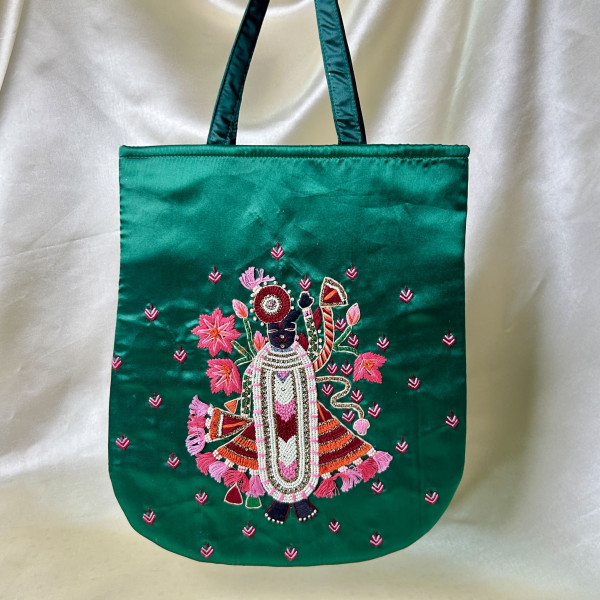 Shreenath Ji Hand Embroidered Dark Green Handbag