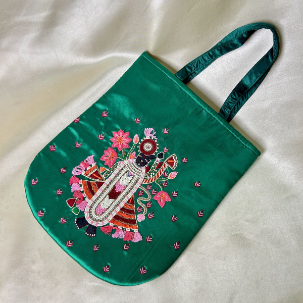 Shreenath Ji Hand Embroidered Dark Green Handbag