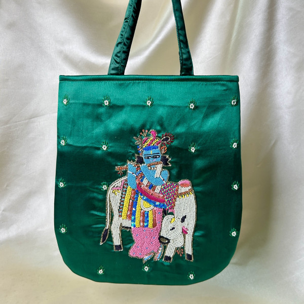 Dark Green Hand-Embroidered Krishna with Cow Satin Silk Handbag – Traditional Festive Bag