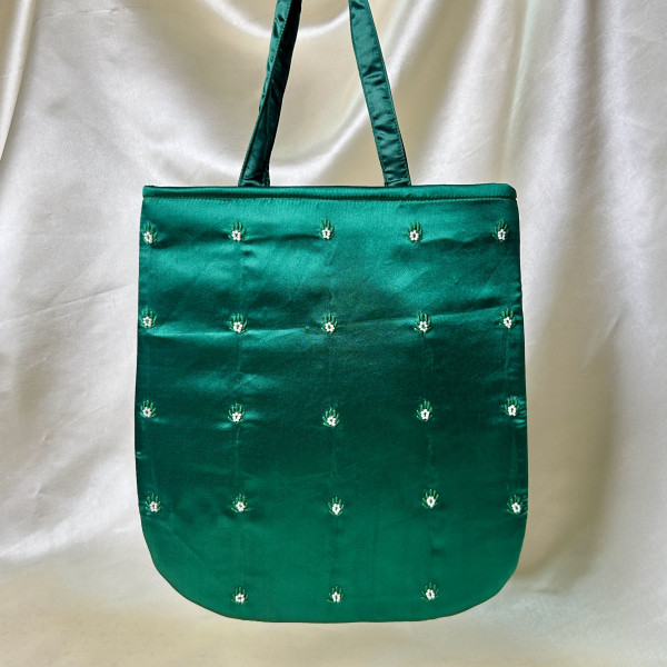 Dark Green Hand-Embroidered Krishna with Cow Satin Silk Handbag – Traditional Festive Bag
