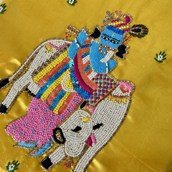 Bright Yellow Hand-Embroidered Krishna with Cow Satin Silk Handbag – Traditional Festive Bag
