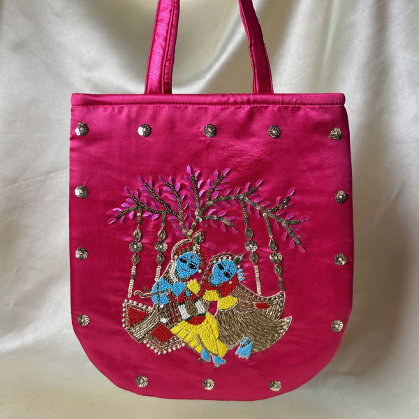 Vibrant Magenta Pink Hand-Embroidered Radha-Krishna Satin Silk Handbag with French Knot Detailing
