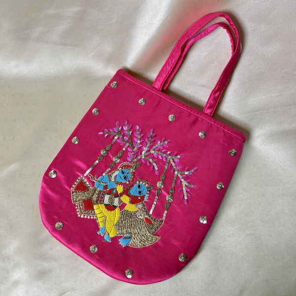 Vibrant Magenta Pink Hand-Embroidered Radha-Krishna Satin Silk Handbag with French Knot Detailing
