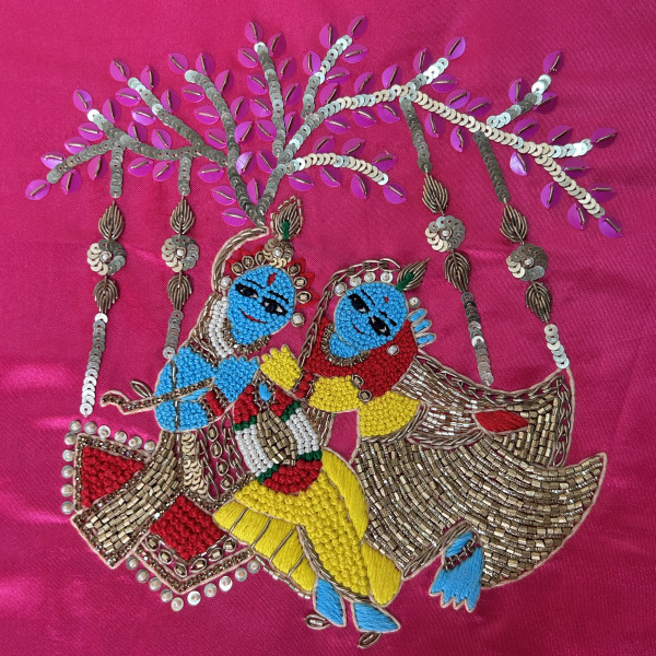 Vibrant Magenta Pink Hand-Embroidered Radha-Krishna Satin Silk Handbag with French Knot Detailing