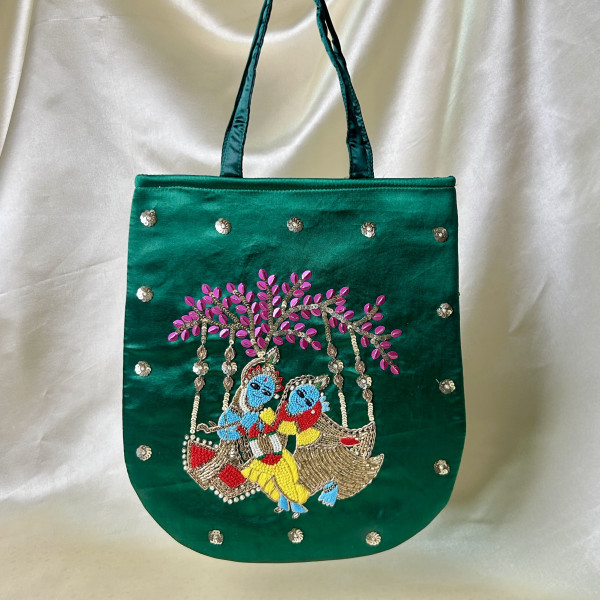 Dark Green Hand-Embroidered Radha-Krishna Satin Silk Handbag with French Knot Detailing