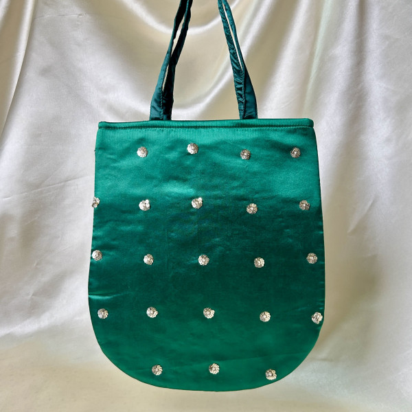 Dark Green Hand-Embroidered Radha-Krishna Satin Silk Handbag with French Knot Detailing