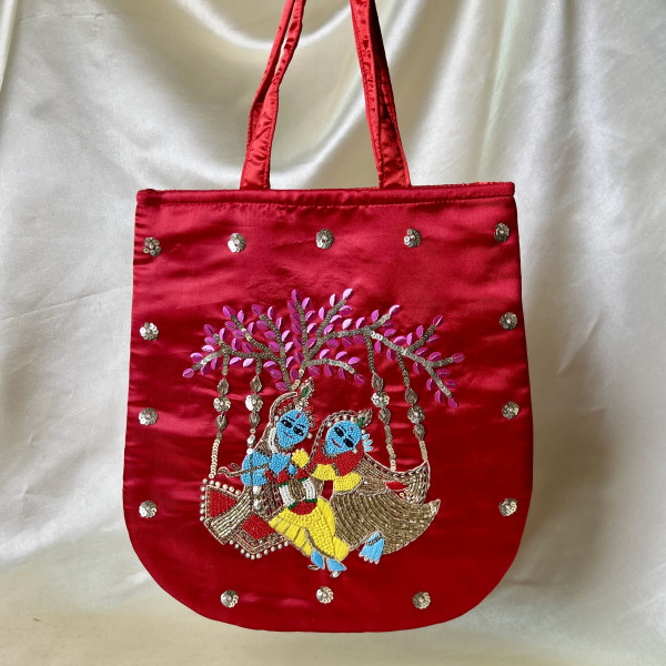 Red Hand-Embroidered Radha-Krishna Satin Silk Handbag with French Knot Detailing