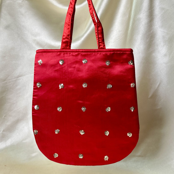 Red Hand-Embroidered Radha-Krishna Satin Silk Handbag with French Knot Detailing