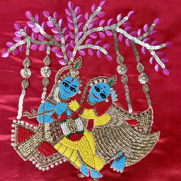 Red Hand-Embroidered Radha-Krishna Satin Silk Handbag with French Knot Detailing