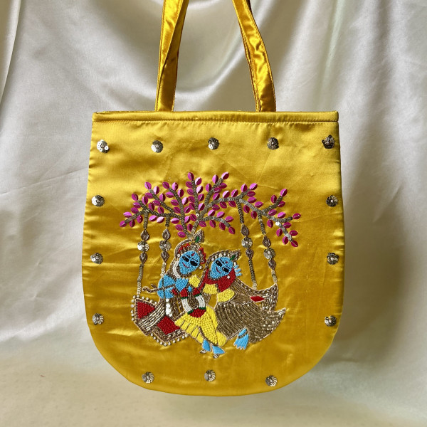 Bright Yellow Hand-Embroidered Radha-Krishna Satin Silk Handbag with French Knot Detailing