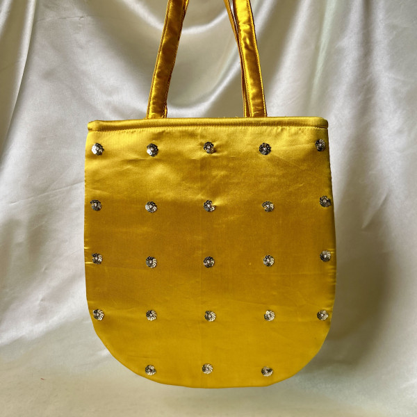 Bright Yellow Hand-Embroidered Radha-Krishna Satin Silk Handbag with French Knot Detailing
