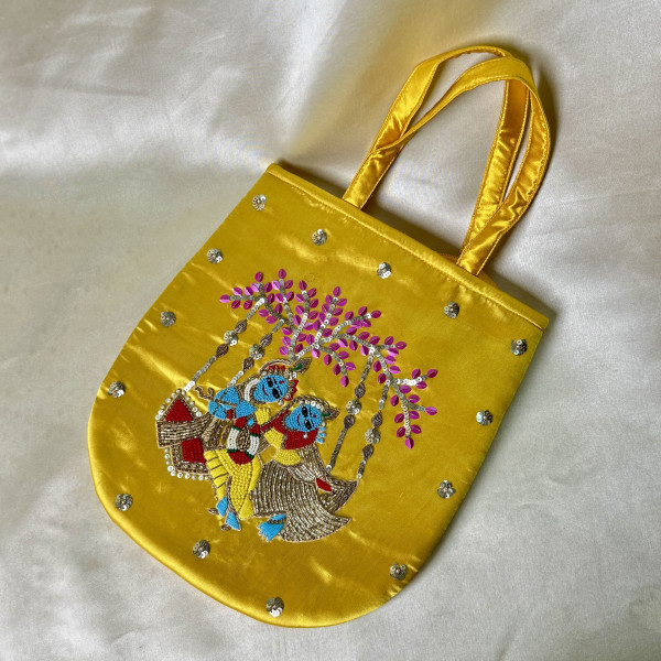 Bright Yellow Hand-Embroidered Radha-Krishna Satin Silk Handbag with French Knot Detailing