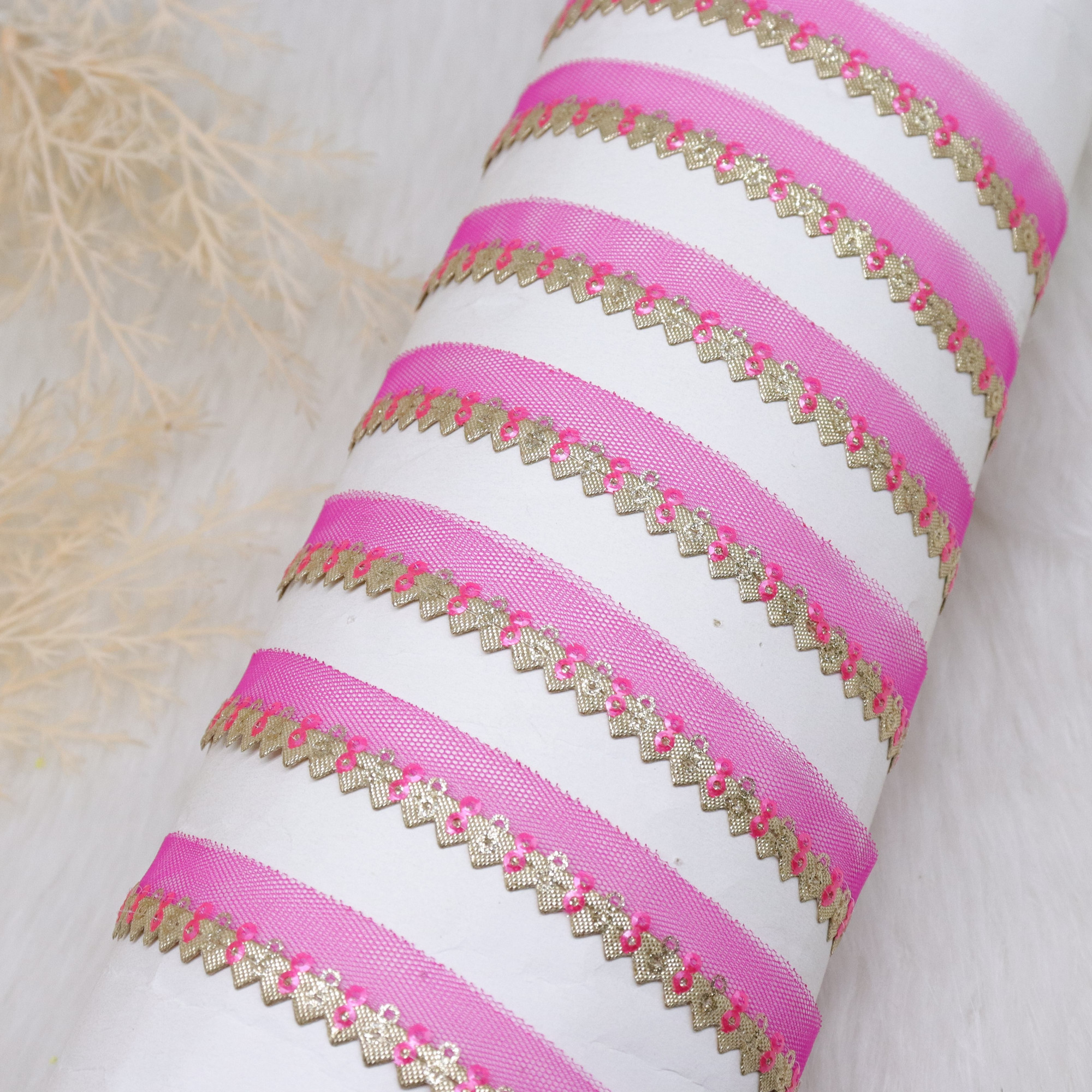 Pink Ribbon Tissue 10mm Pink Tissue Ribbon with Sequin Gota Edging 18 Meter Lace