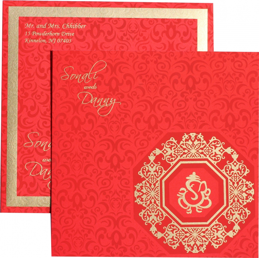 Red with Gold Hindu Wedding Card