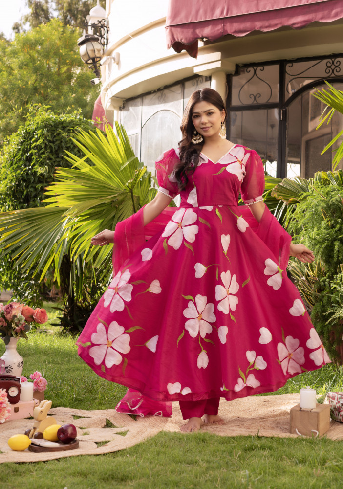 Image of Pink Floral Hand-Painted Anarkali Set.
