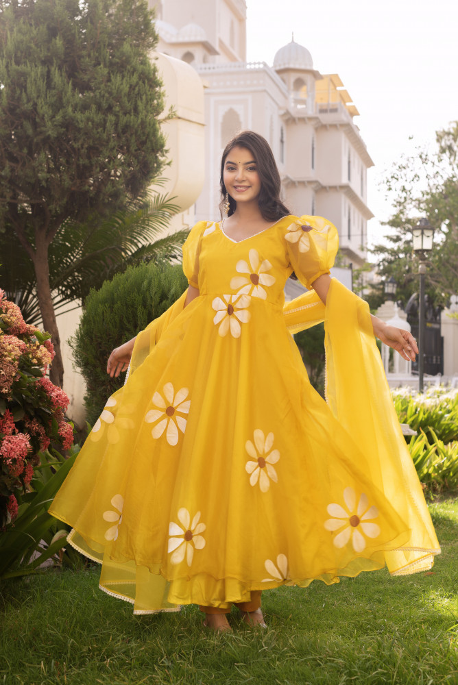 Image of Mustard Yellow Floral Hand-Painted Anarkali Set.