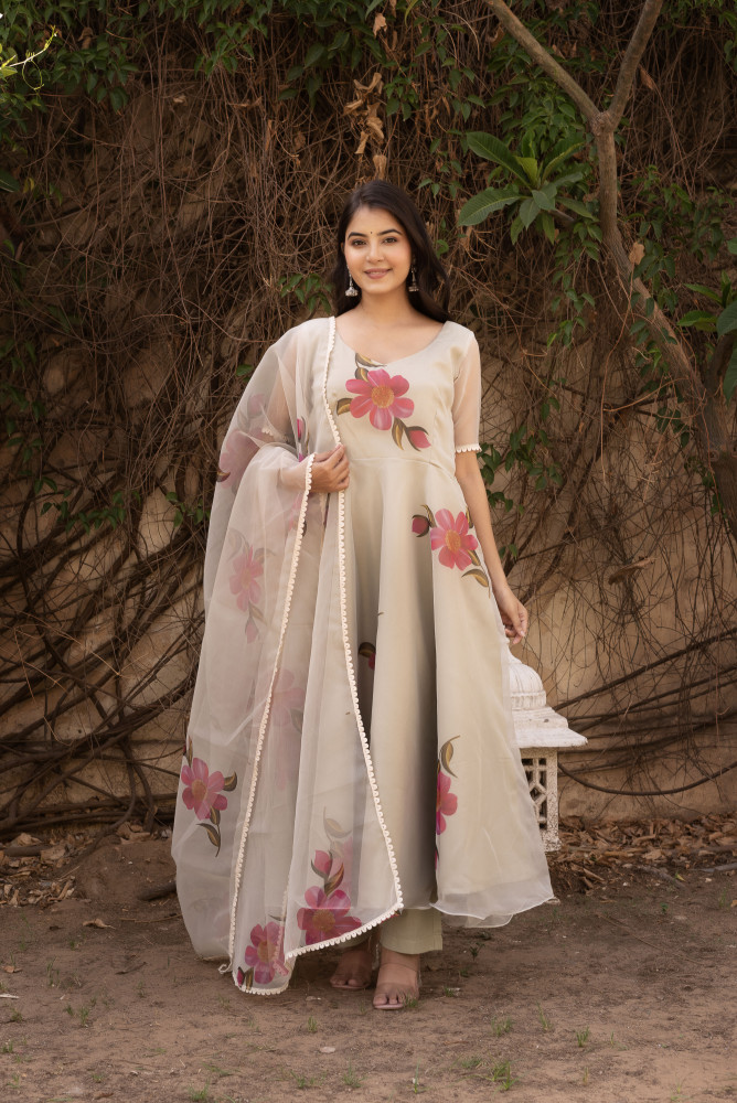 Image of Daisy Pink Floral Printed Anarkali Set.