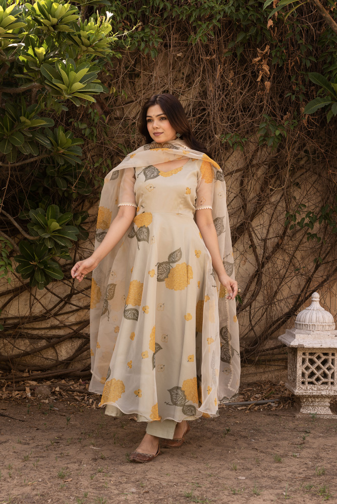 Image of Yellow Sunshine Floral Printed Anarkali Set.