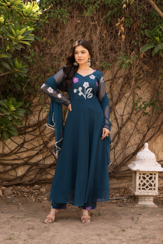 Image of Teal Blue Floral Hand painted Anarkali Set.
