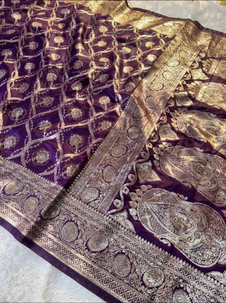 Banarasi Silk Saree With Swarovski Crystal Work and Latkans